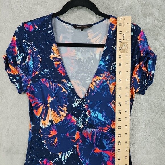 BCBGMAXAZRIA Dress Womens S Blue Floral Jersey Knit Pockets Drop Waist Tropical - Picture 4 of 9